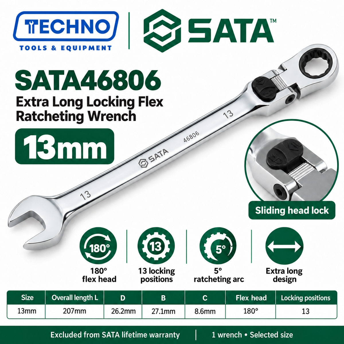 Shop SATA 46801-46817 extra long locking flex ratcheting wrenches, 8-25mm. 180° locking flex head with 13 positions and 5° ratcheting.