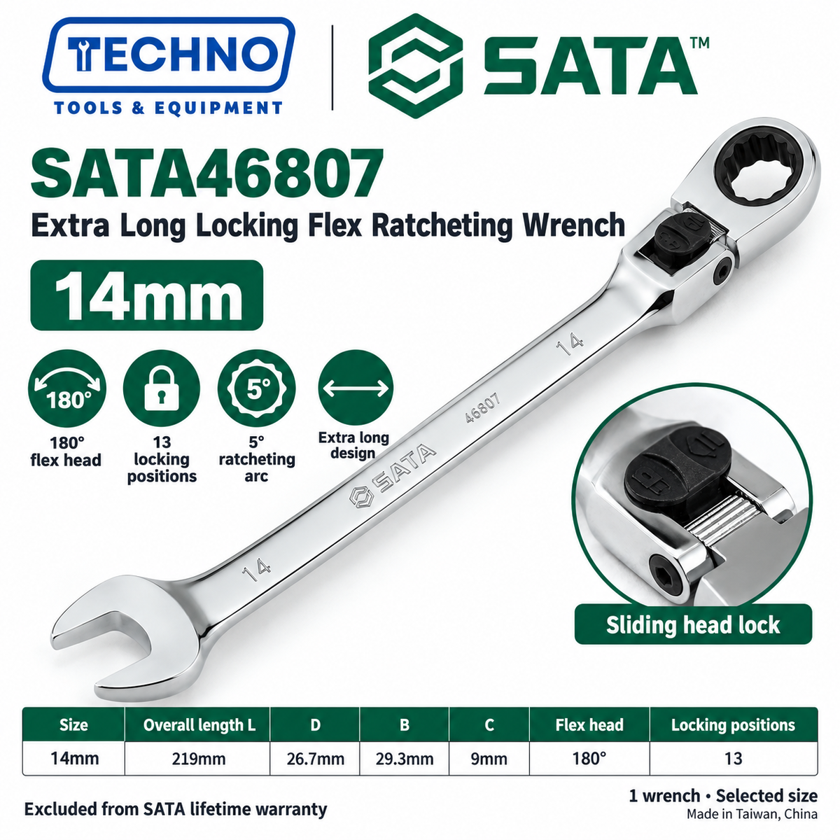 Shop SATA 46801-46817 extra long locking flex ratcheting wrenches, 8-25mm. 180° locking flex head with 13 positions and 5° ratcheting.
