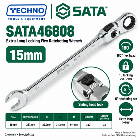 Shop SATA 46801-46817 extra long locking flex ratcheting wrenches, 8-25mm. 180° locking flex head with 13 positions and 5° ratcheting.