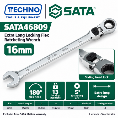 Shop SATA 46801-46817 extra long locking flex ratcheting wrenches, 8-25mm. 180° locking flex head with 13 positions and 5° ratcheting.