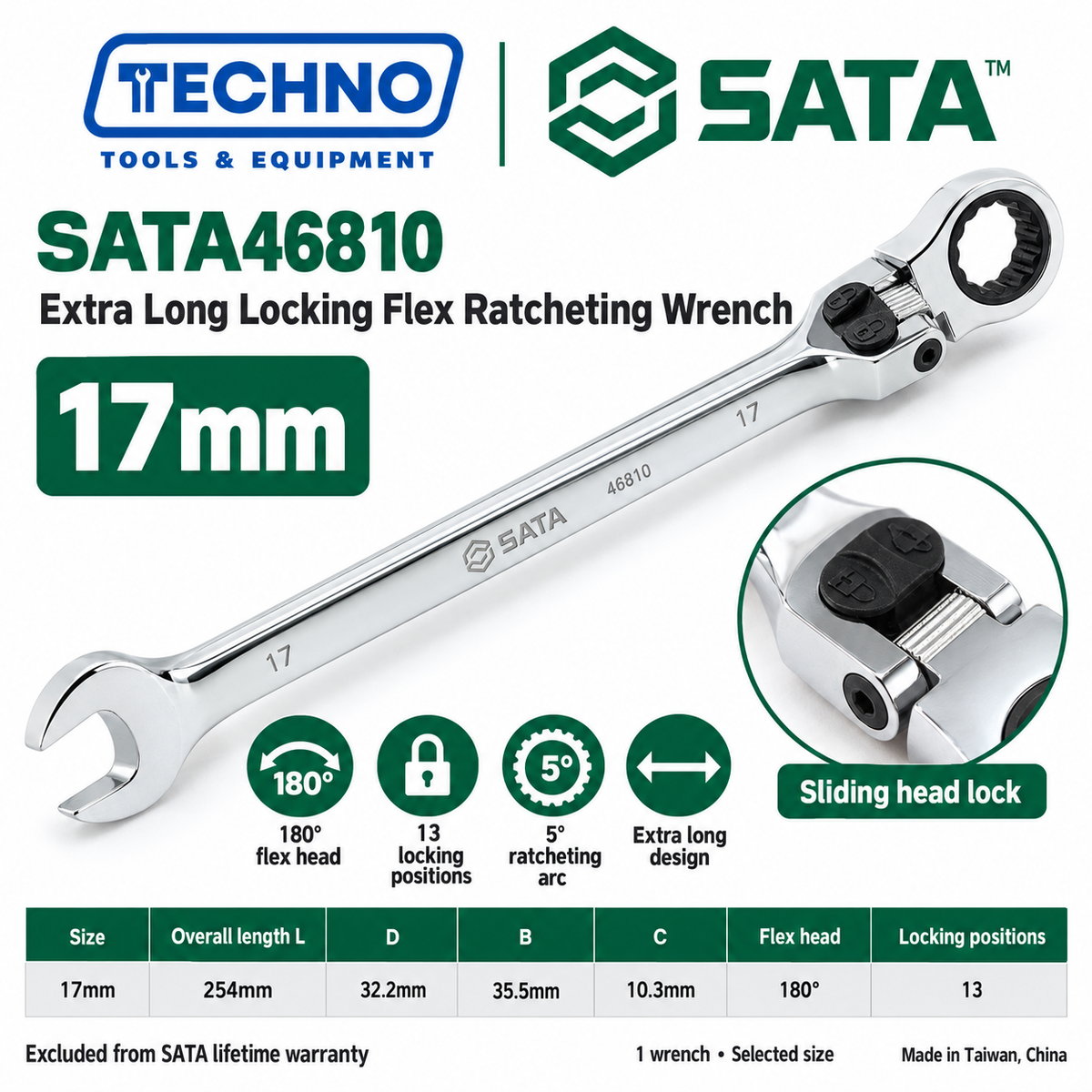 Shop SATA 46801-46817 extra long locking flex ratcheting wrenches, 8-25mm. 180° locking flex head with 13 positions and 5° ratcheting.