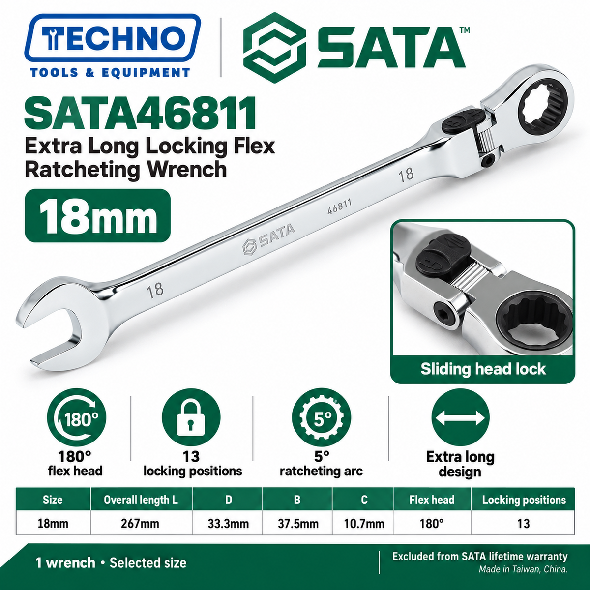 Shop SATA 46801-46817 extra long locking flex ratcheting wrenches, 8-25mm. 180° locking flex head with 13 positions and 5° ratcheting.