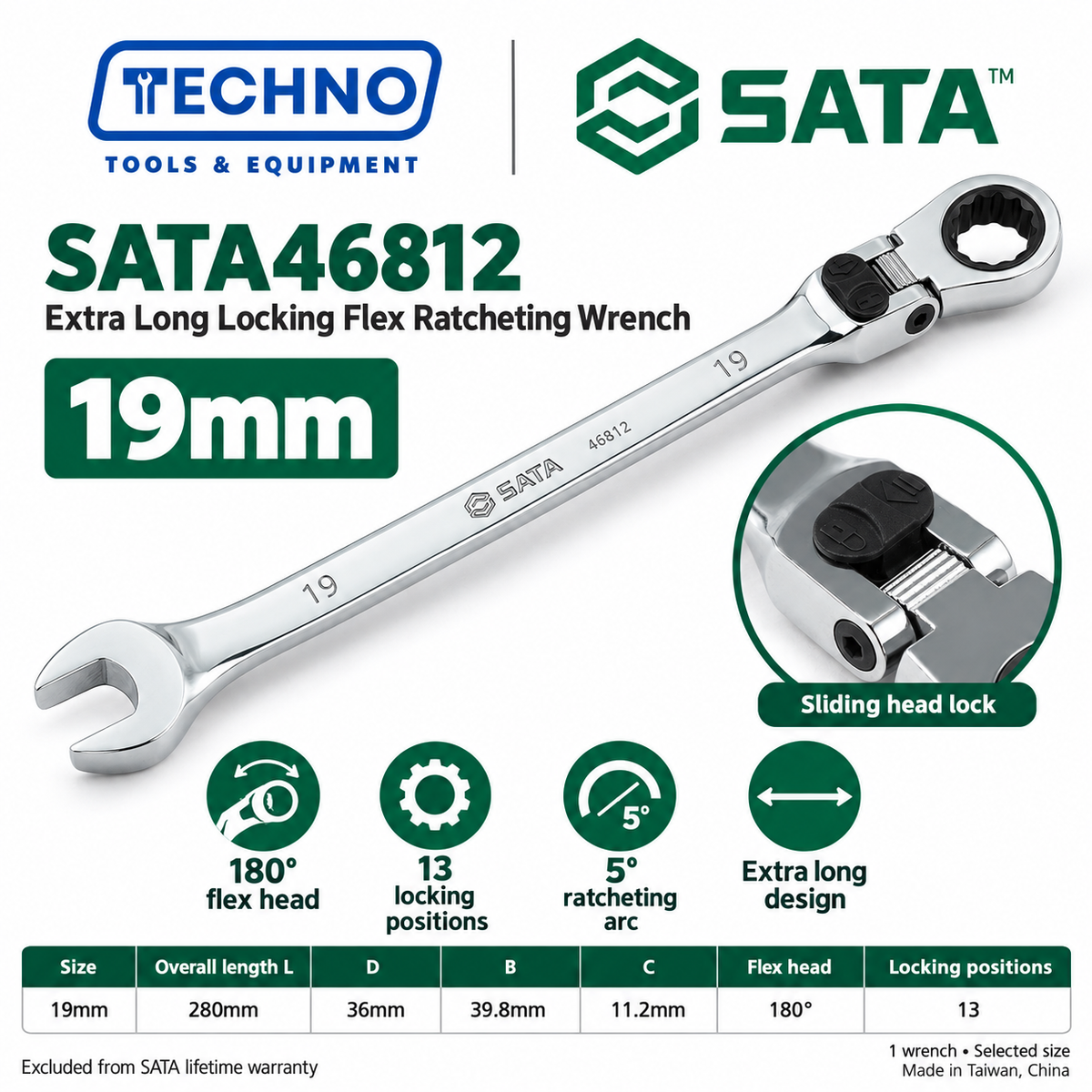 Shop SATA 46801-46817 extra long locking flex ratcheting wrenches, 8-25mm. 180° locking flex head with 13 positions and 5° ratcheting.