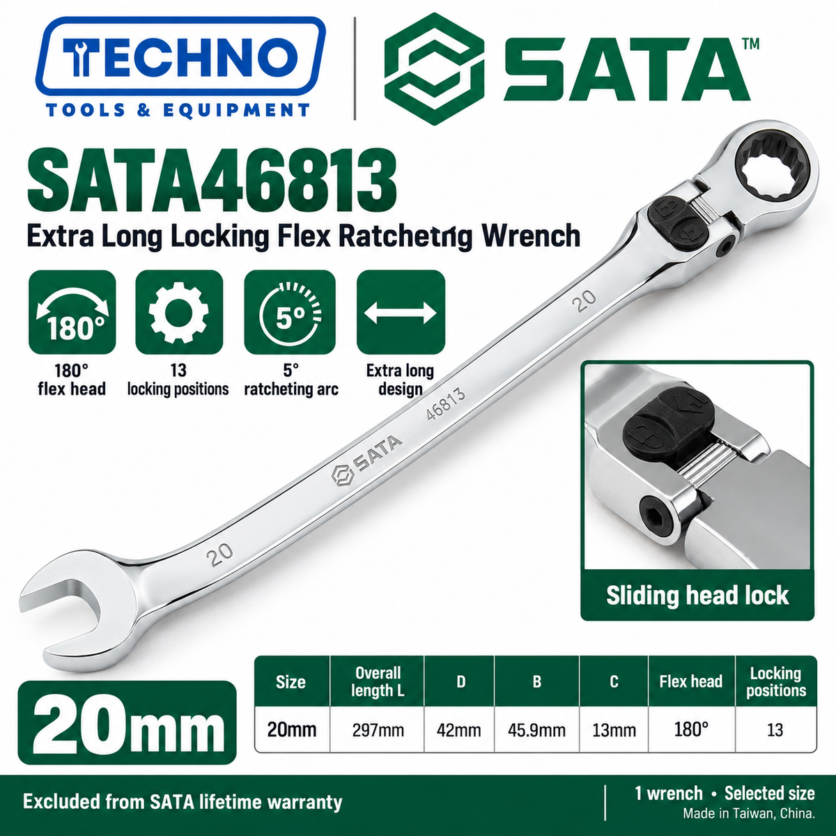 Shop SATA 46801-46817 extra long locking flex ratcheting wrenches, 8-25mm. 180° locking flex head with 13 positions and 5° ratcheting.