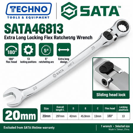 Shop SATA 46801-46817 extra long locking flex ratcheting wrenches, 8-25mm. 180° locking flex head with 13 positions and 5° ratcheting.
