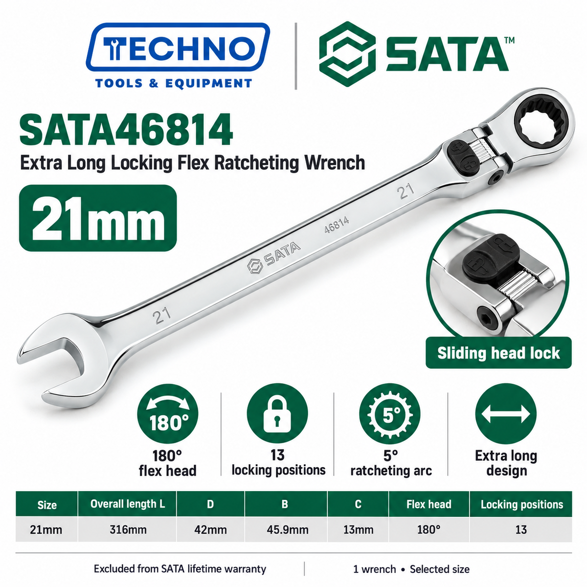 Shop SATA 46801-46817 extra long locking flex ratcheting wrenches, 8-25mm. 180° locking flex head with 13 positions and 5° ratcheting.
