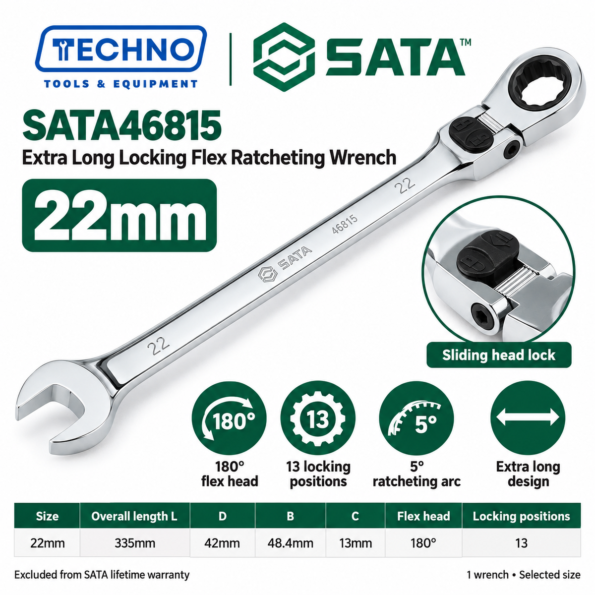 Shop SATA 46801-46817 extra long locking flex ratcheting wrenches, 8-25mm. 180° locking flex head with 13 positions and 5° ratcheting.