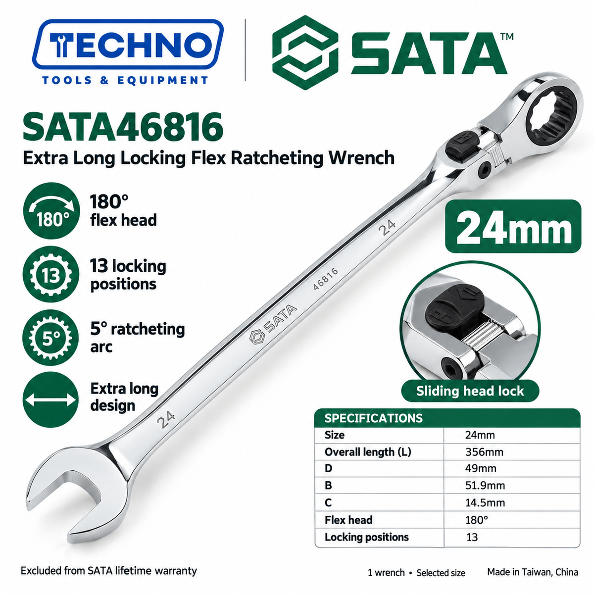 Shop SATA 46801-46817 extra long locking flex ratcheting wrenches, 8-25mm. 180° locking flex head with 13 positions and 5° ratcheting.
