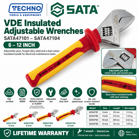 Shop SATA 47101-47104 VDE insulated adjustable wrenches, 6 to 12 inch. Tested to 10000V, IEC/EN 60900 compliant, lifetime warranty.