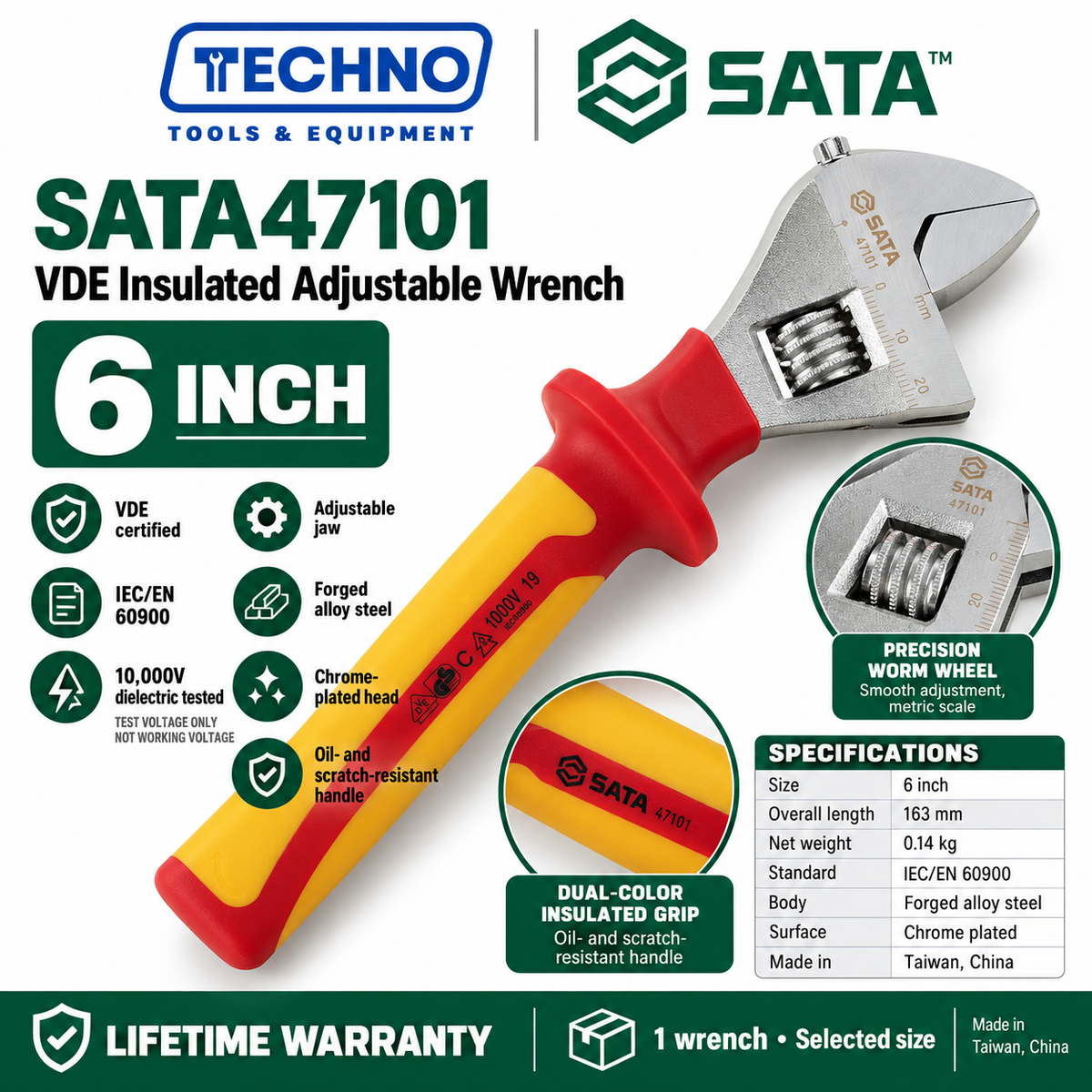 Shop SATA 47101-47104 VDE insulated adjustable wrenches, 6 to 12 inch. Tested to 10000V, IEC/EN 60900 compliant, lifetime warranty.