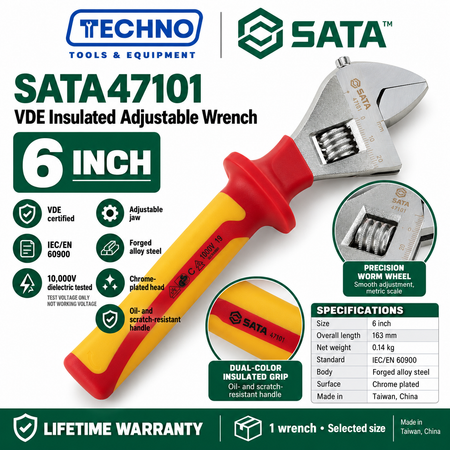 Shop SATA 47101-47104 VDE insulated adjustable wrenches, 6 to 12 inch. Tested to 10000V, IEC/EN 60900 compliant, lifetime warranty.