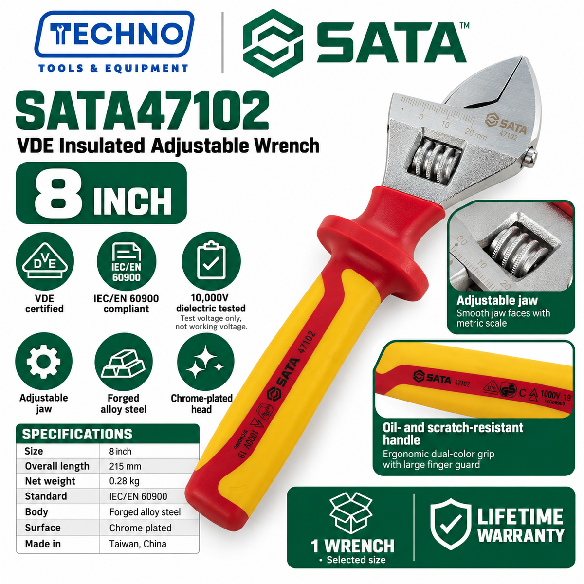 Shop SATA 47101-47104 VDE insulated adjustable wrenches, 6 to 12 inch. Tested to 10000V, IEC/EN 60900 compliant, lifetime warranty.