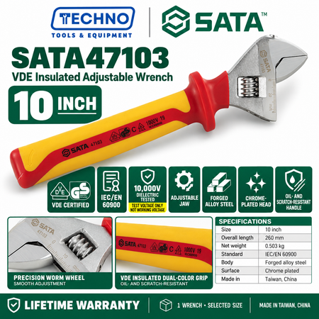 Shop SATA 47101-47104 VDE insulated adjustable wrenches, 6 to 12 inch. Tested to 10000V, IEC/EN 60900 compliant, lifetime warranty.