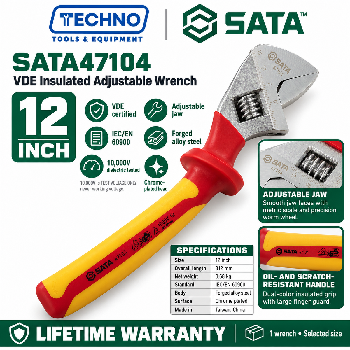 Shop SATA 47101-47104 VDE insulated adjustable wrenches, 6 to 12 inch. Tested to 10000V, IEC/EN 60900 compliant, lifetime warranty.