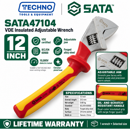 Shop SATA 47101-47104 VDE insulated adjustable wrenches, 6 to 12 inch. Tested to 10000V, IEC/EN 60900 compliant, lifetime warranty.