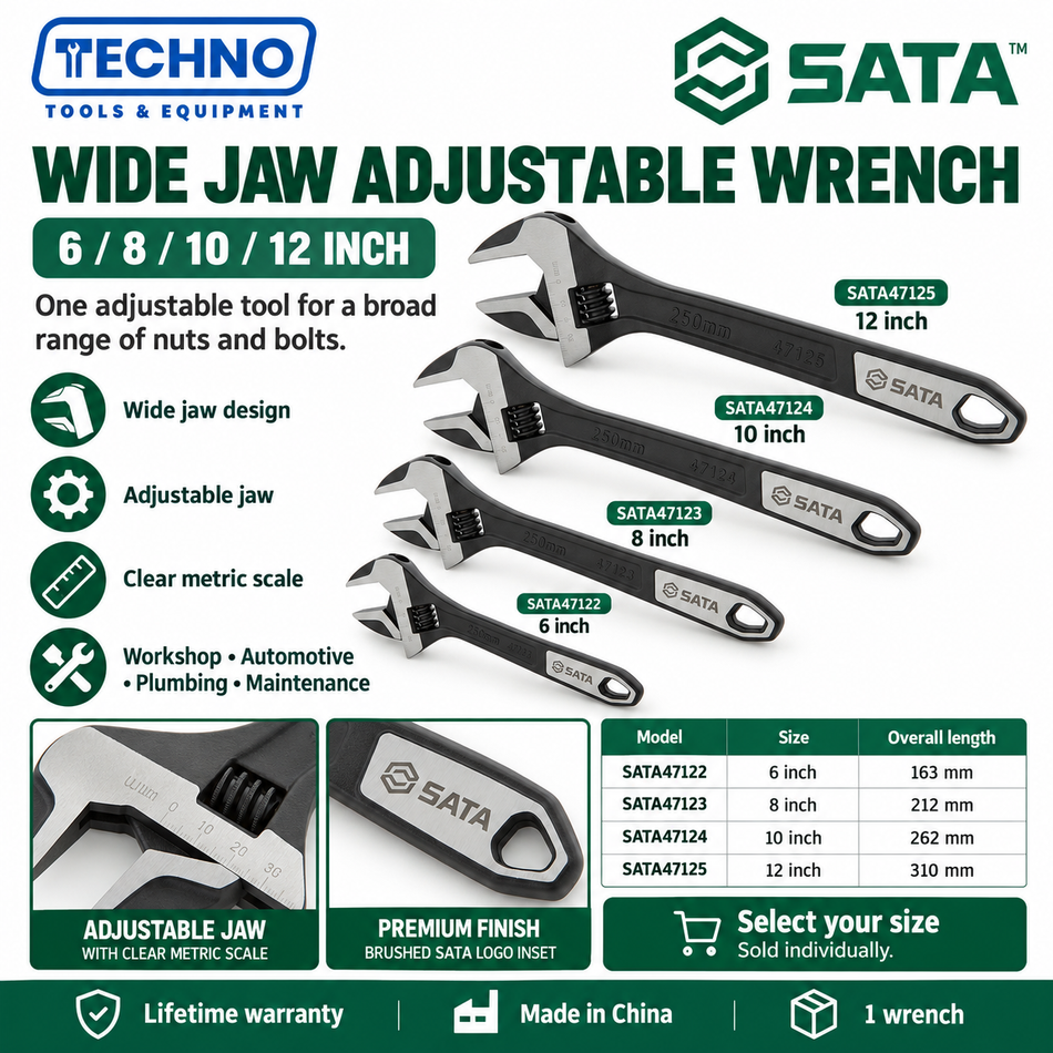Shop SATA 47122-47125 wide jaw adjustable wrenches in 6, 8, 10 and 12 inch sizes. Made in China, with SATA lifetime warranty.