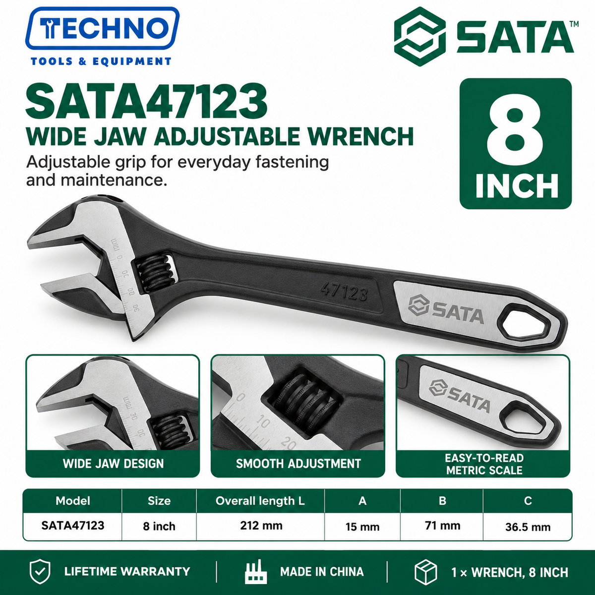 Shop SATA 47122-47125 wide jaw adjustable wrenches in 6, 8, 10 and 12 inch sizes. Made in China, with SATA lifetime warranty.