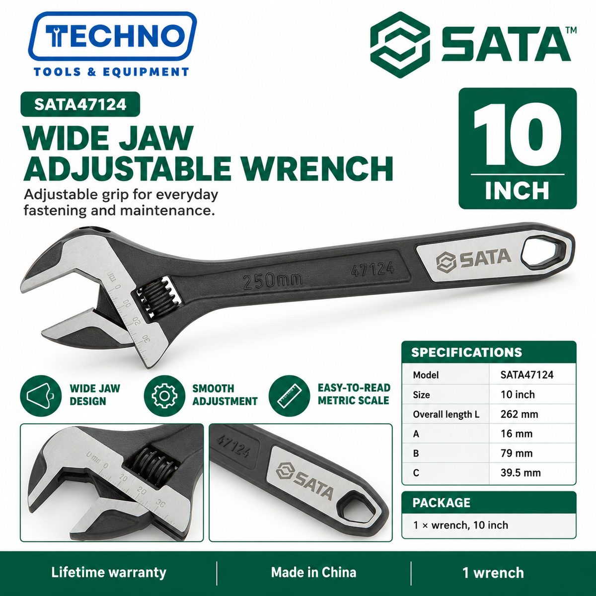 Shop SATA 47122-47125 wide jaw adjustable wrenches in 6, 8, 10 and 12 inch sizes. Made in China, with SATA lifetime warranty.