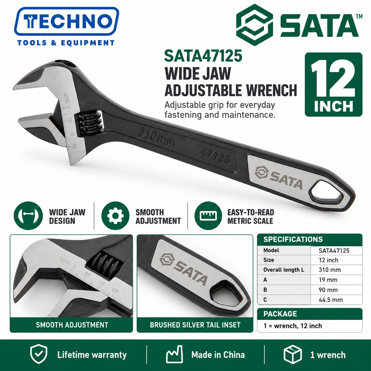 Shop SATA 47122-47125 wide jaw adjustable wrenches in 6, 8, 10 and 12 inch sizes. Made in China, with SATA lifetime warranty.