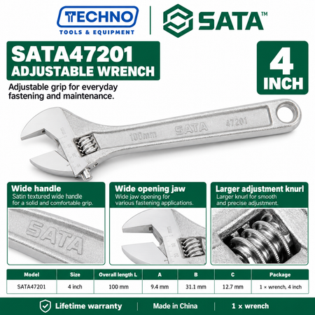 Shop SATA 47201-47208 adjustable wrenches in 8 sizes, 4 to 24 inch. Wide opening jaw, hex jaw design, larger knurl and lifetime warranty.