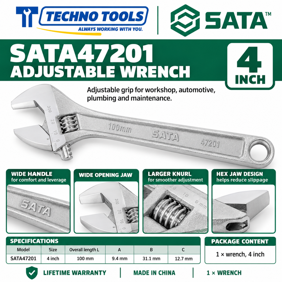 Shop SATA 47201-47208 adjustable wrenches in 8 sizes, 4 to 24 inch. Wide opening jaw, hex jaw design, larger knurl and lifetime warranty.