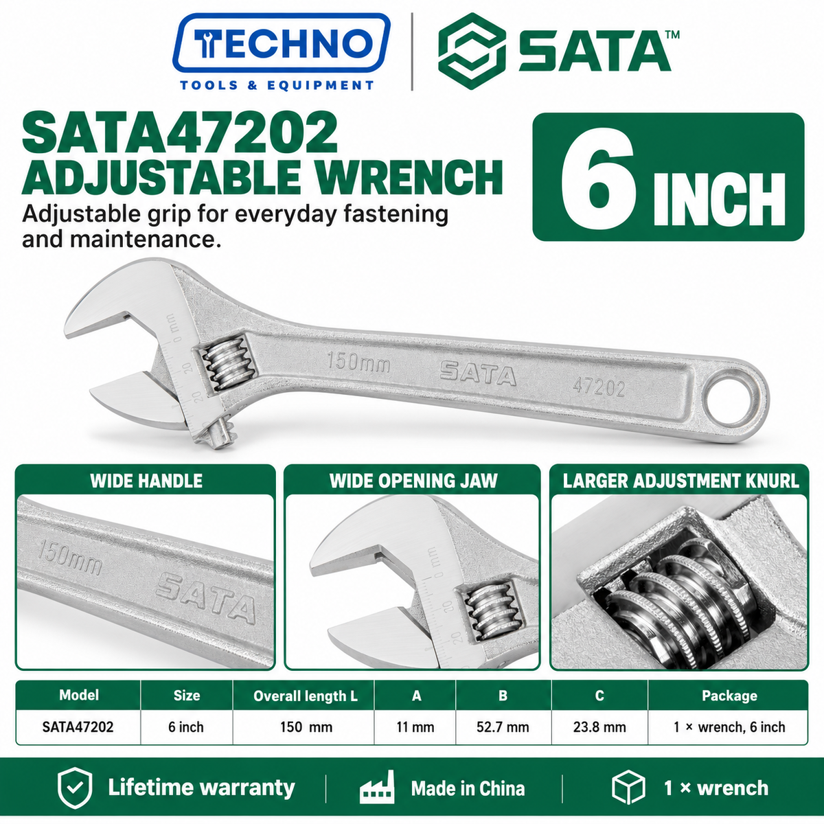 Shop SATA 47201-47208 adjustable wrenches in 8 sizes, 4 to 24 inch. Wide opening jaw, hex jaw design, larger knurl and lifetime warranty.