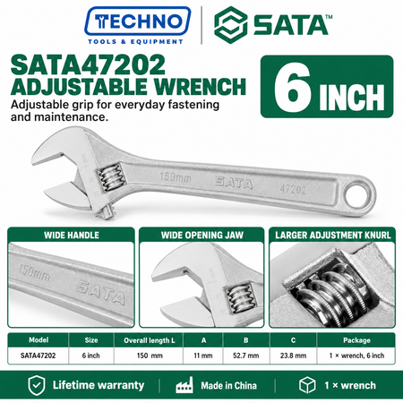 Shop SATA 47201-47208 adjustable wrenches in 8 sizes, 4 to 24 inch. Wide opening jaw, hex jaw design, larger knurl and lifetime warranty.