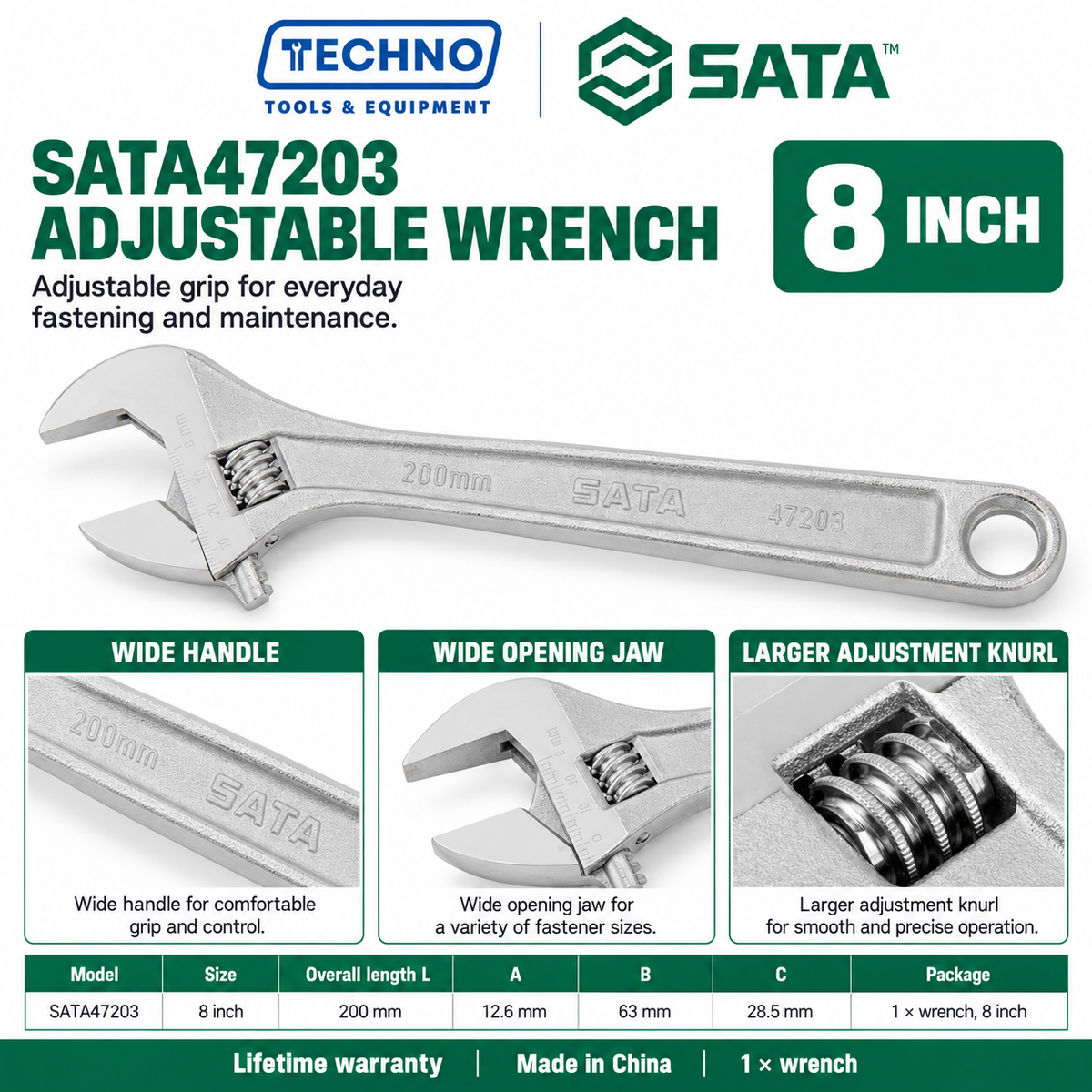 Shop SATA 47201-47208 adjustable wrenches in 8 sizes, 4 to 24 inch. Wide opening jaw, hex jaw design, larger knurl and lifetime warranty.