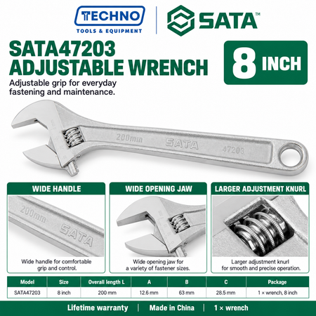 Shop SATA 47201-47208 adjustable wrenches in 8 sizes, 4 to 24 inch. Wide opening jaw, hex jaw design, larger knurl and lifetime warranty.