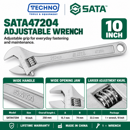 Shop SATA 47201-47208 adjustable wrenches in 8 sizes, 4 to 24 inch. Wide opening jaw, hex jaw design, larger knurl and lifetime warranty.