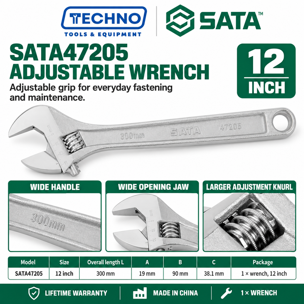Shop SATA 47201-47208 adjustable wrenches in 8 sizes, 4 to 24 inch. Wide opening jaw, hex jaw design, larger knurl and lifetime warranty.