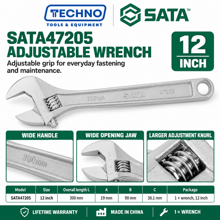 Shop SATA 47201-47208 adjustable wrenches in 8 sizes, 4 to 24 inch. Wide opening jaw, hex jaw design, larger knurl and lifetime warranty.