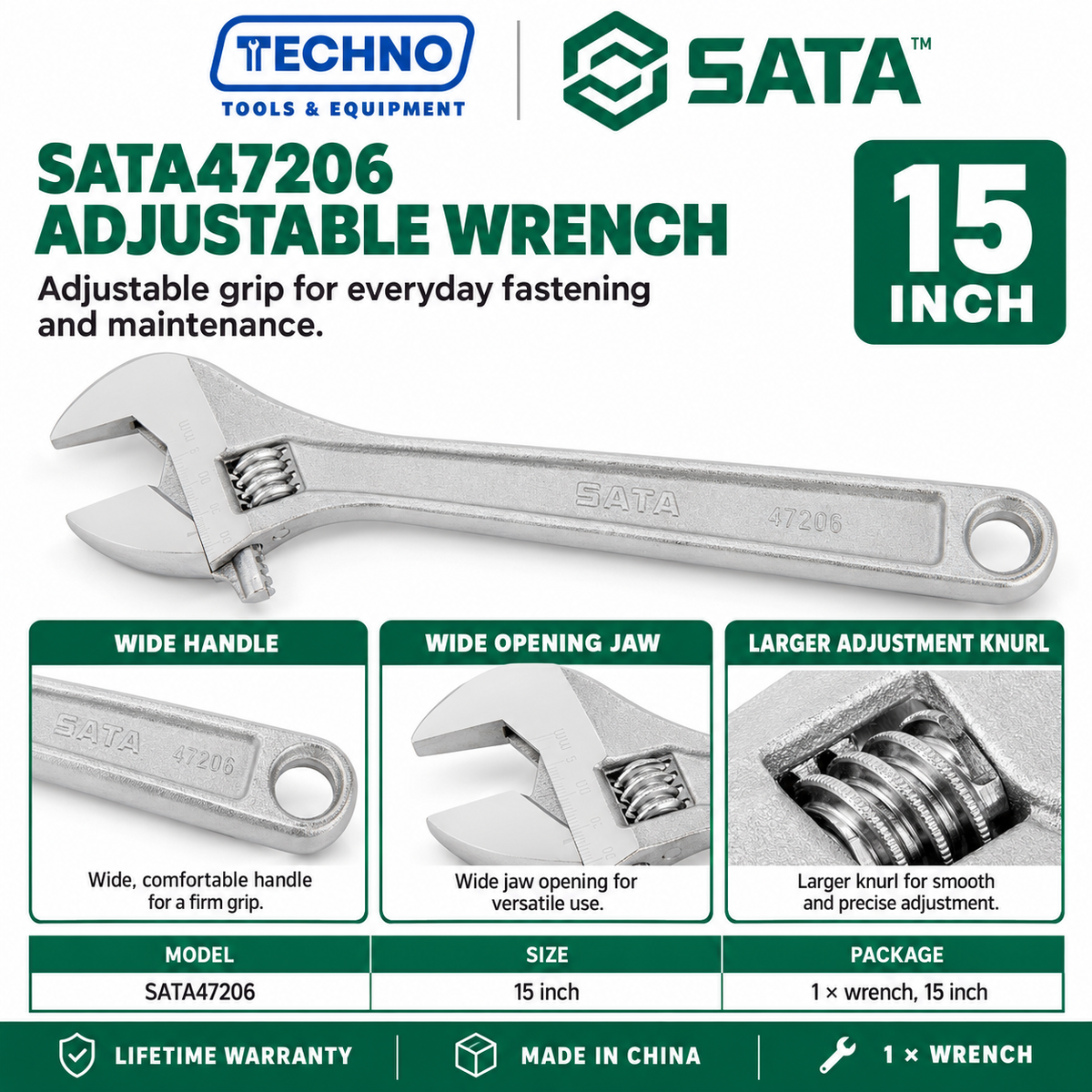 Shop SATA 47201-47208 adjustable wrenches in 8 sizes, 4 to 24 inch. Wide opening jaw, hex jaw design, larger knurl and lifetime warranty.