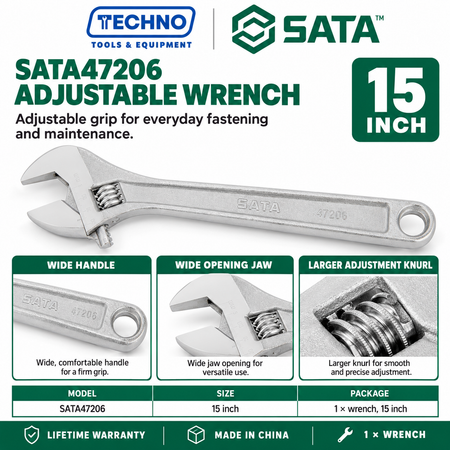 Shop SATA 47201-47208 adjustable wrenches in 8 sizes, 4 to 24 inch. Wide opening jaw, hex jaw design, larger knurl and lifetime warranty.