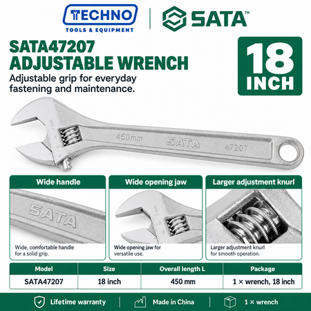 Shop SATA 47201-47208 adjustable wrenches in 8 sizes, 4 to 24 inch. Wide opening jaw, hex jaw design, larger knurl and lifetime warranty.