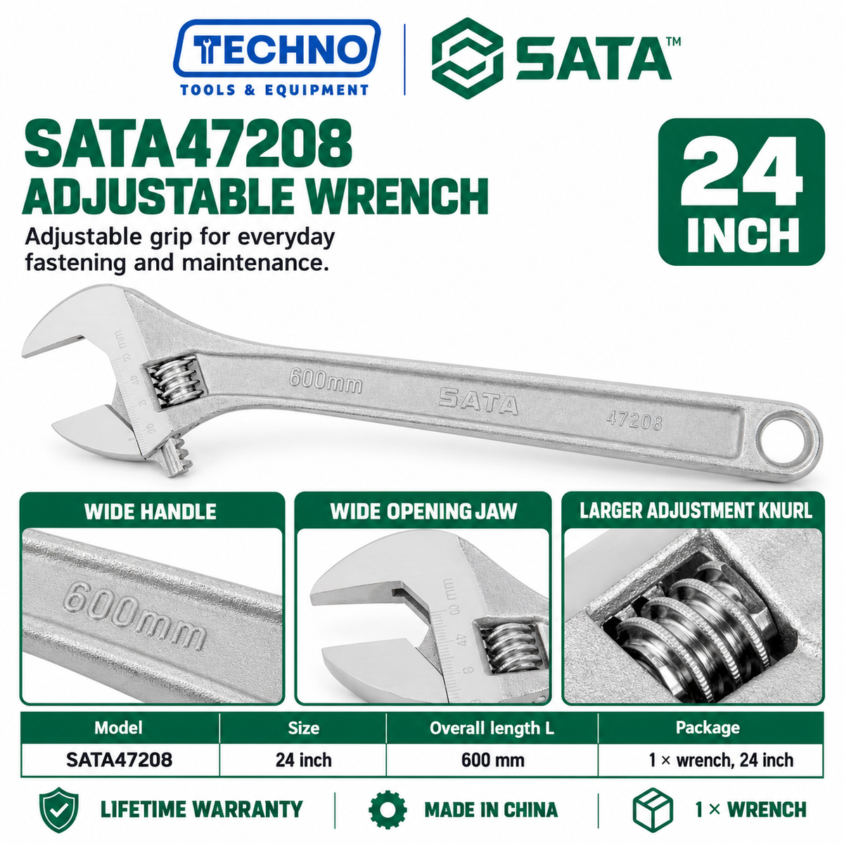 Shop SATA 47201-47208 adjustable wrenches in 8 sizes, 4 to 24 inch. Wide opening jaw, hex jaw design, larger knurl and lifetime warranty.