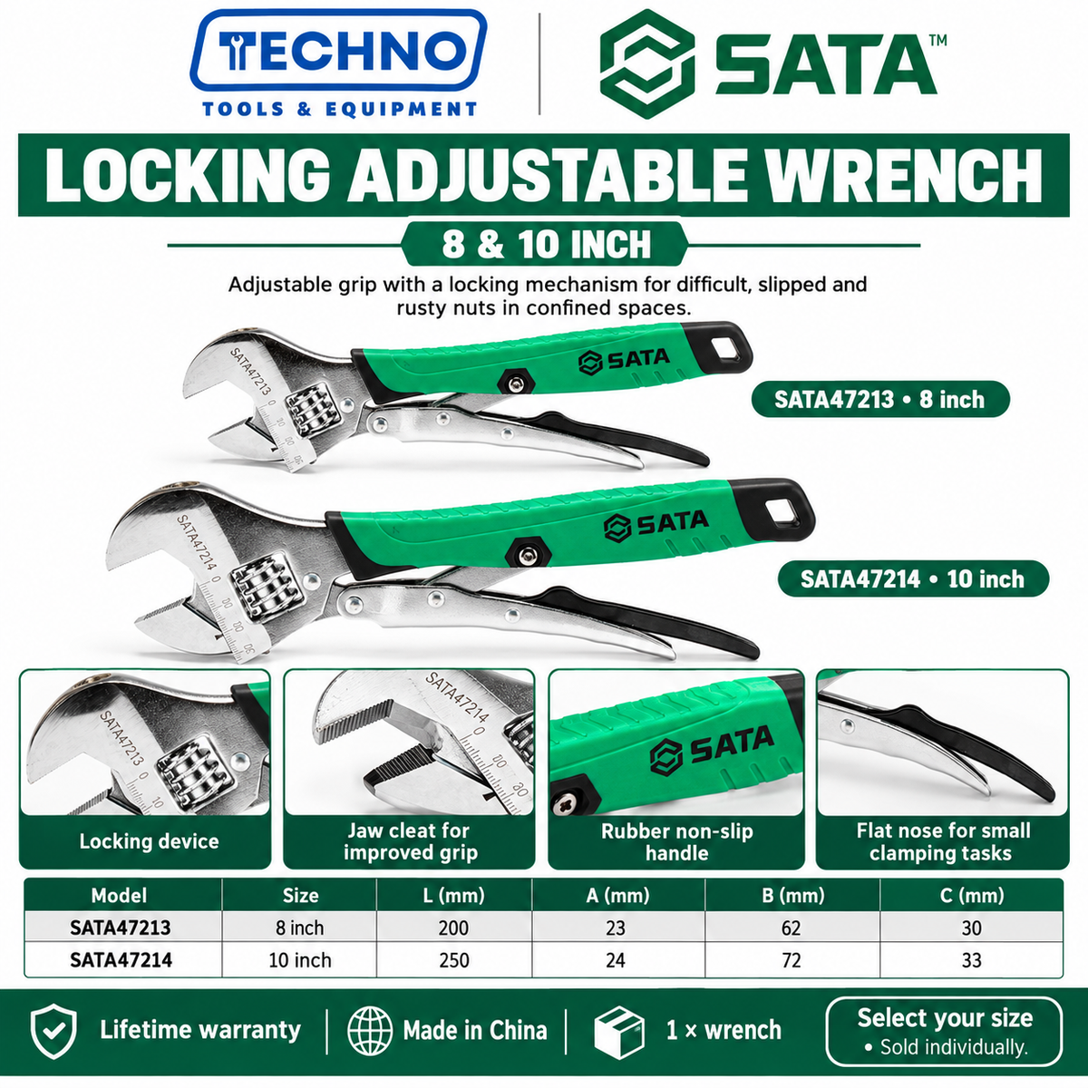 Shop SATA 47213-47214 locking adjustable wrenches, 8 and 10 inch. Locking device, grip cleat and rubber non-slip handle. Lifetime warranty.