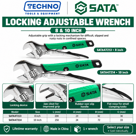 Shop SATA 47213-47214 locking adjustable wrenches, 8 and 10 inch. Locking device, grip cleat and rubber non-slip handle. Lifetime warranty.