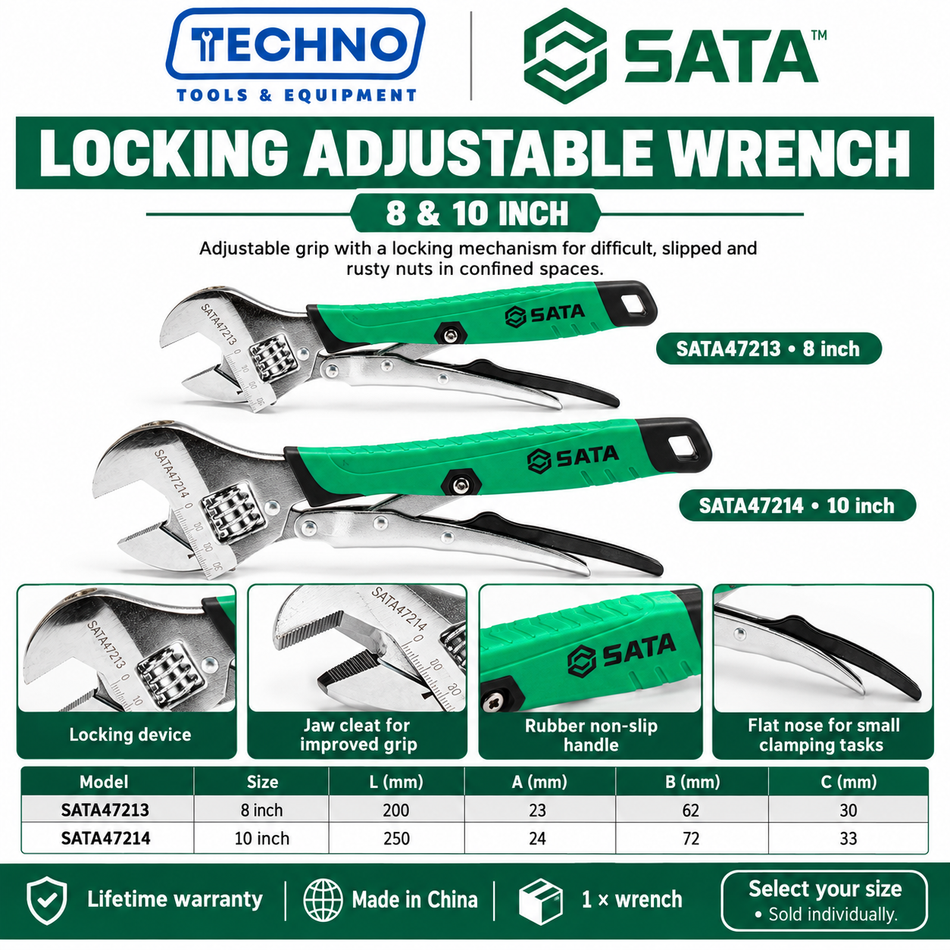 Shop SATA 47213-47214 locking adjustable wrenches, 8 and 10 inch. Locking device, grip cleat and rubber non-slip handle. Lifetime warranty.