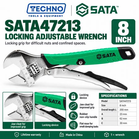 Shop SATA 47213-47214 locking adjustable wrenches, 8 and 10 inch. Locking device, grip cleat and rubber non-slip handle. Lifetime warranty.