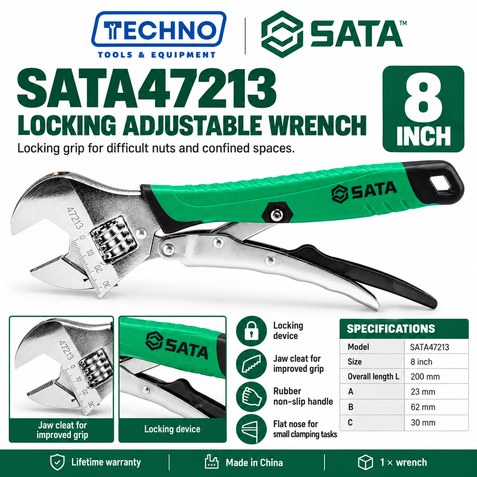 Shop SATA 47213-47214 locking adjustable wrenches, 8 and 10 inch. Locking device, grip cleat and rubber non-slip handle. Lifetime warranty.