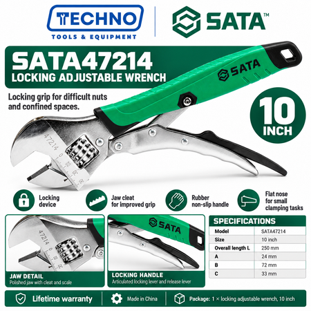 Shop SATA 47213-47214 locking adjustable wrenches, 8 and 10 inch. Locking device, grip cleat and rubber non-slip handle. Lifetime warranty.