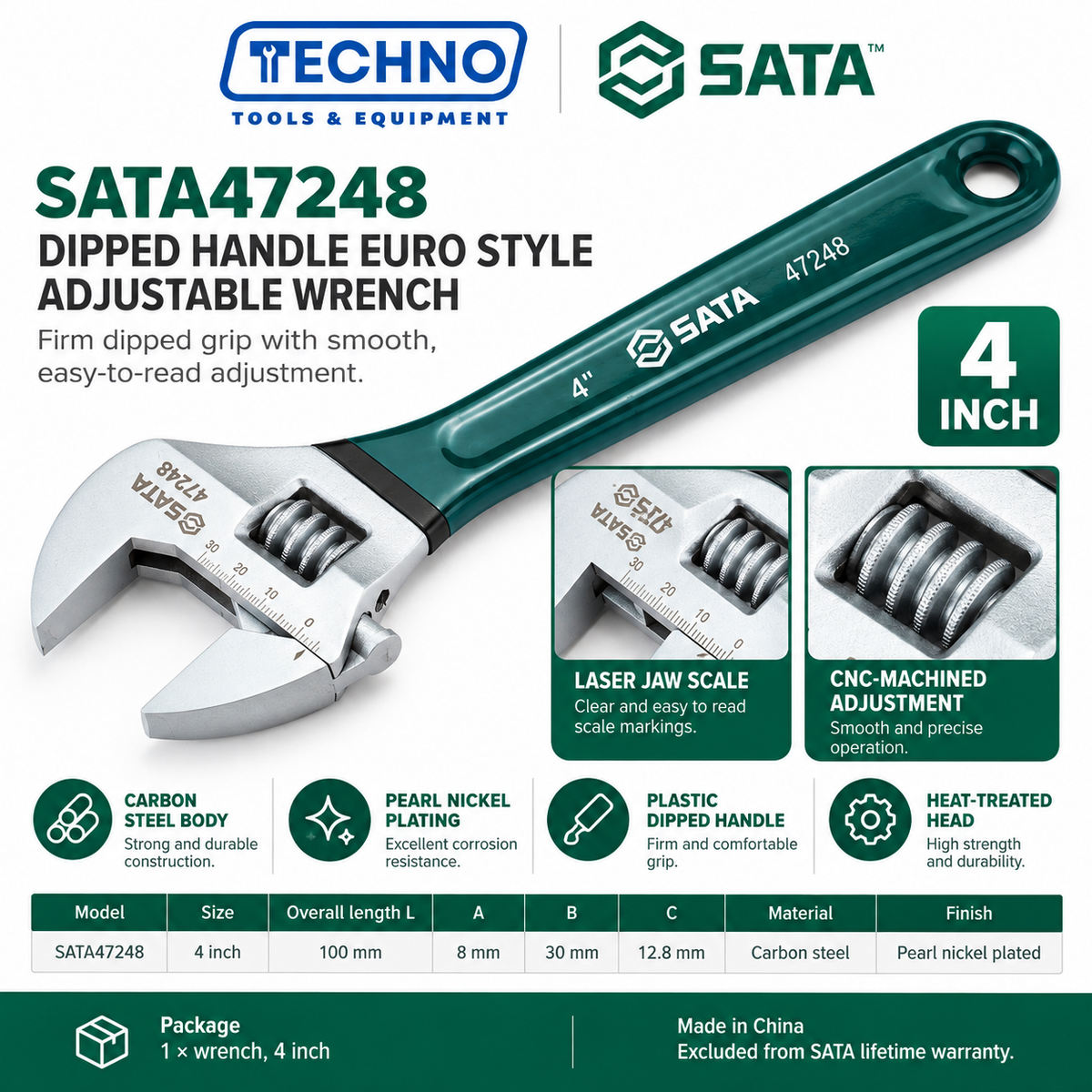 Shop SATA 47248-47255 dipped handle Euro style adjustable wrenches, 4 to 24 inch. Pearl nickel finish, laser scale and CNC machined.