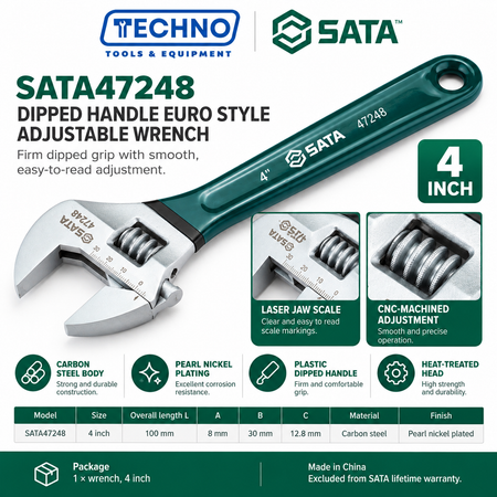 Shop SATA 47248-47255 dipped handle Euro style adjustable wrenches, 4 to 24 inch. Pearl nickel finish, laser scale and CNC machined.