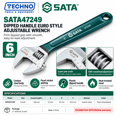 Shop SATA 47248-47255 dipped handle Euro style adjustable wrenches, 4 to 24 inch. Pearl nickel finish, laser scale and CNC machined.