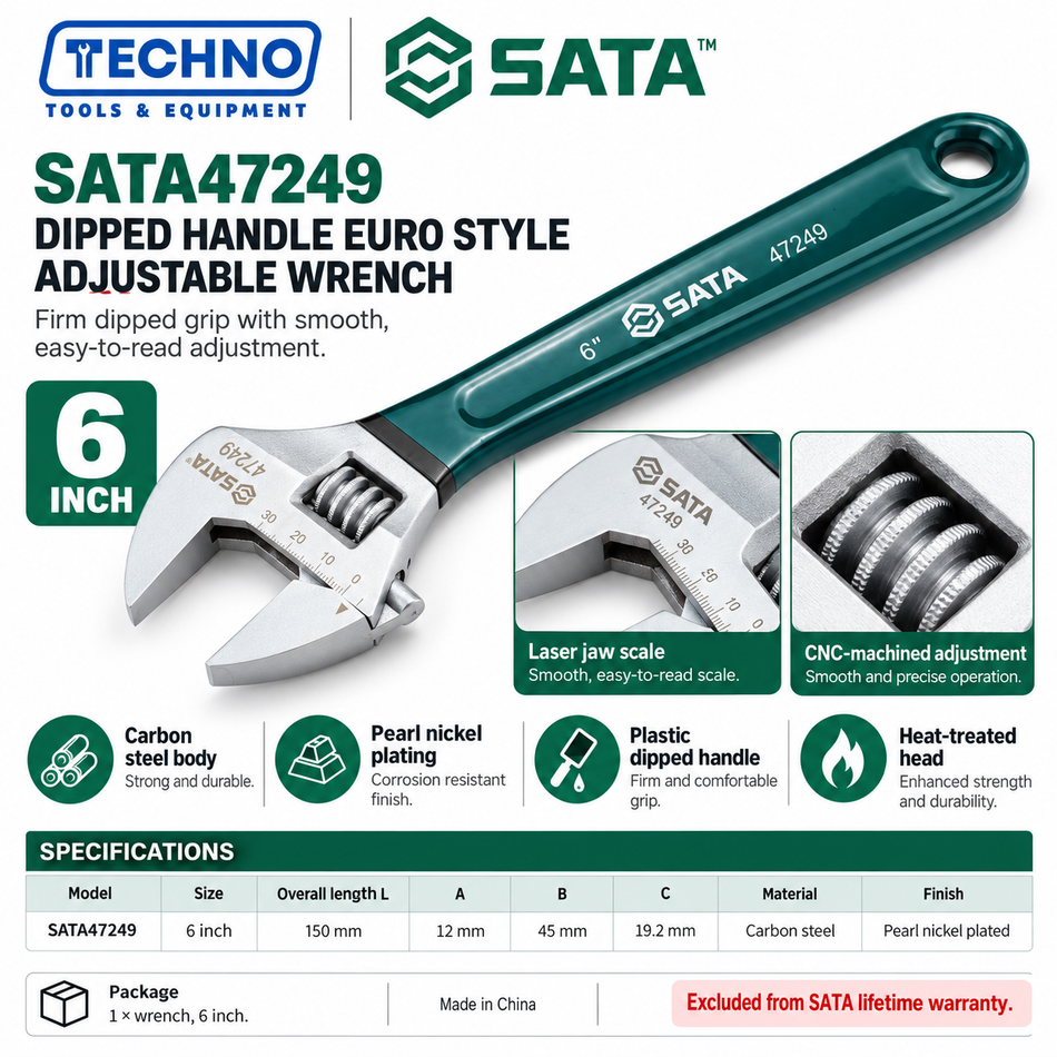 Shop SATA 47248-47255 dipped handle Euro style adjustable wrenches, 4 to 24 inch. Pearl nickel finish, laser scale and CNC machined.