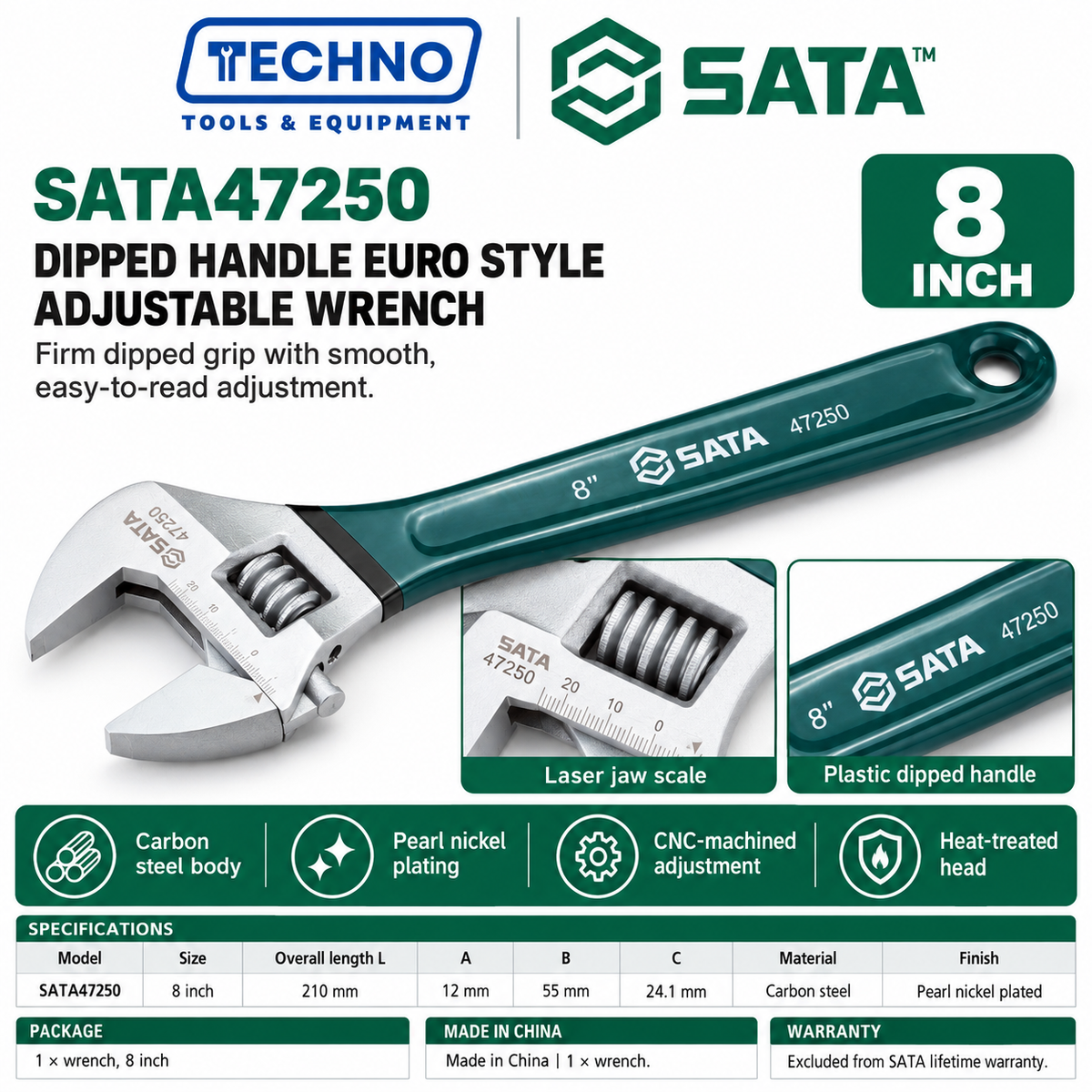Shop SATA 47248-47255 dipped handle Euro style adjustable wrenches, 4 to 24 inch. Pearl nickel finish, laser scale and CNC machined.