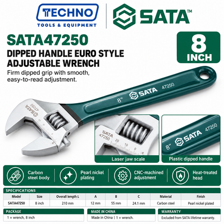 Shop SATA 47248-47255 dipped handle Euro style adjustable wrenches, 4 to 24 inch. Pearl nickel finish, laser scale and CNC machined.