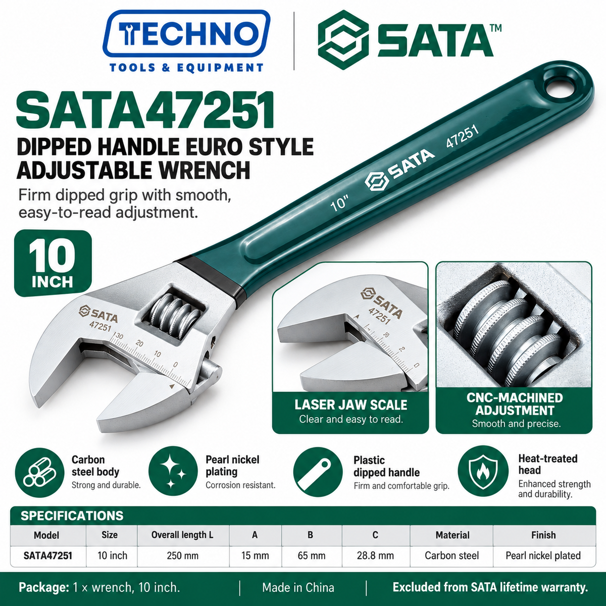 Shop SATA 47248-47255 dipped handle Euro style adjustable wrenches, 4 to 24 inch. Pearl nickel finish, laser scale and CNC machined.