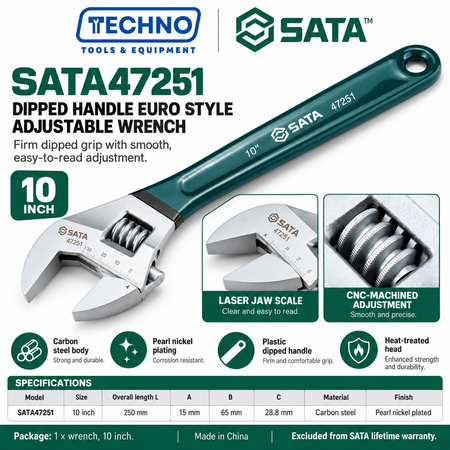 Shop SATA 47248-47255 dipped handle Euro style adjustable wrenches, 4 to 24 inch. Pearl nickel finish, laser scale and CNC machined.